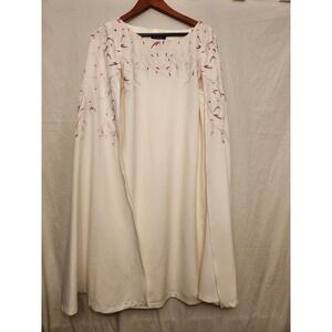 Ashro Dress Womens 16 White Embroidered Cape Sleeve Church Long Formal Lined